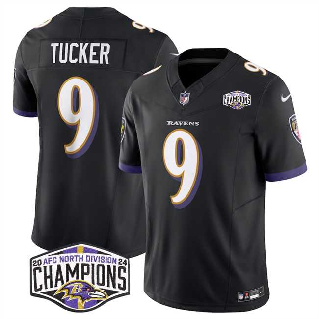 Mens Baltimore Ravens #9 Justin Tucker Black F.U.S.E 2024 AFC North Division Champions Vapor Limited Jersey